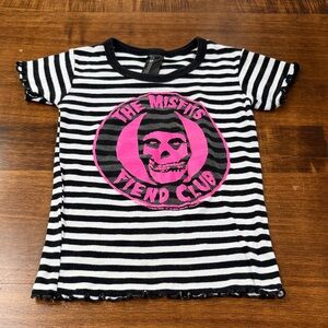 Sourpuss Black and White Striped Tee with Pink Skull Design